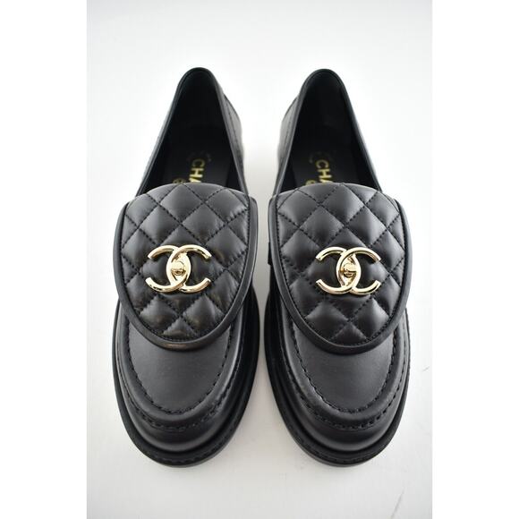 Chanel 22P Black Quilted Flap Turnlock CC Gold Logo Mule Slip On Flat Loafer 38 - Picture 3 of 12